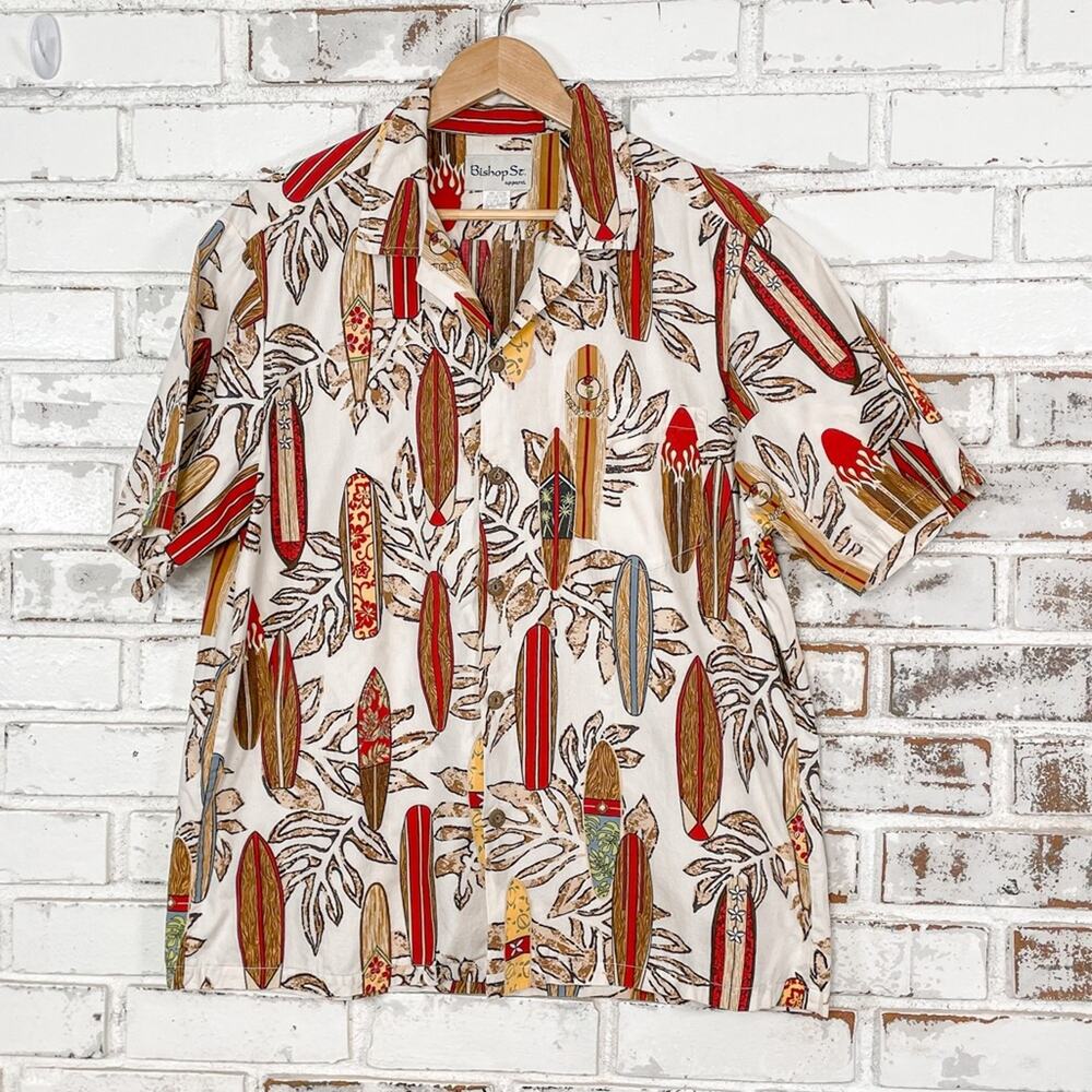 Vintage 90s Bishop St Hawaiian Button Down Surfboard Short Sleeve Mens Shirt L